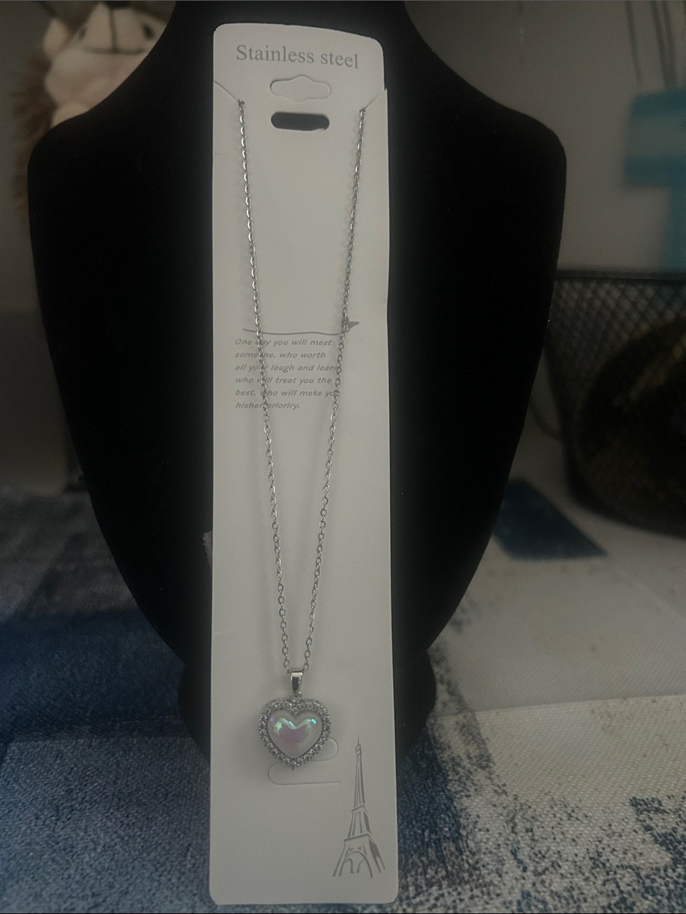 Stainless Steel Heart Pendant Necklace with Iridescent Center